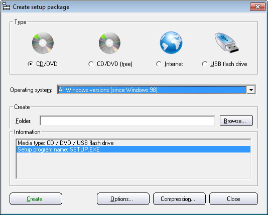 The 'Create setup package' dialog box