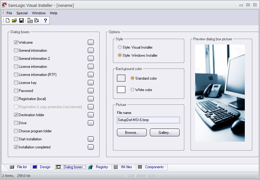 Visual Installer - The 'Dialog boxes' tab