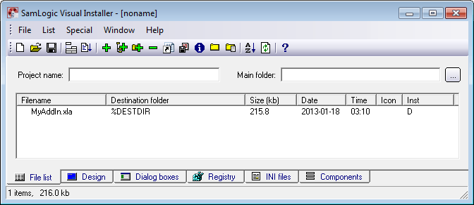 The 'File list' tab in Visual Installer - With an Add-in added to the file list