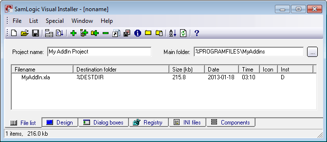 The 'File list' tab in Visual Installer - With a project name and main folder specified