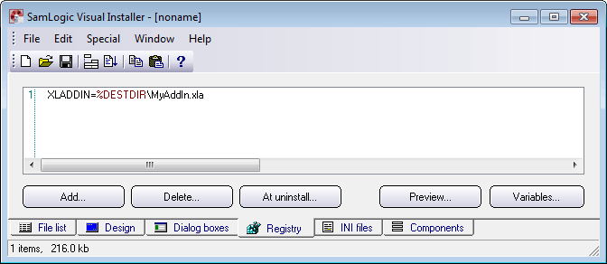 The 'Registry' tab in Visual Installer