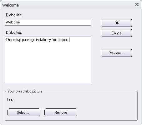 The 'Welcome' dialog box - with text